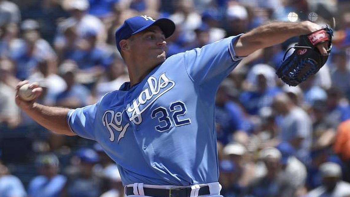 
Royals starting pitcher Chris Young (32) throws in the third inning during Saturday's baseball game against the Blue Jays at Kauffman Stadium.
