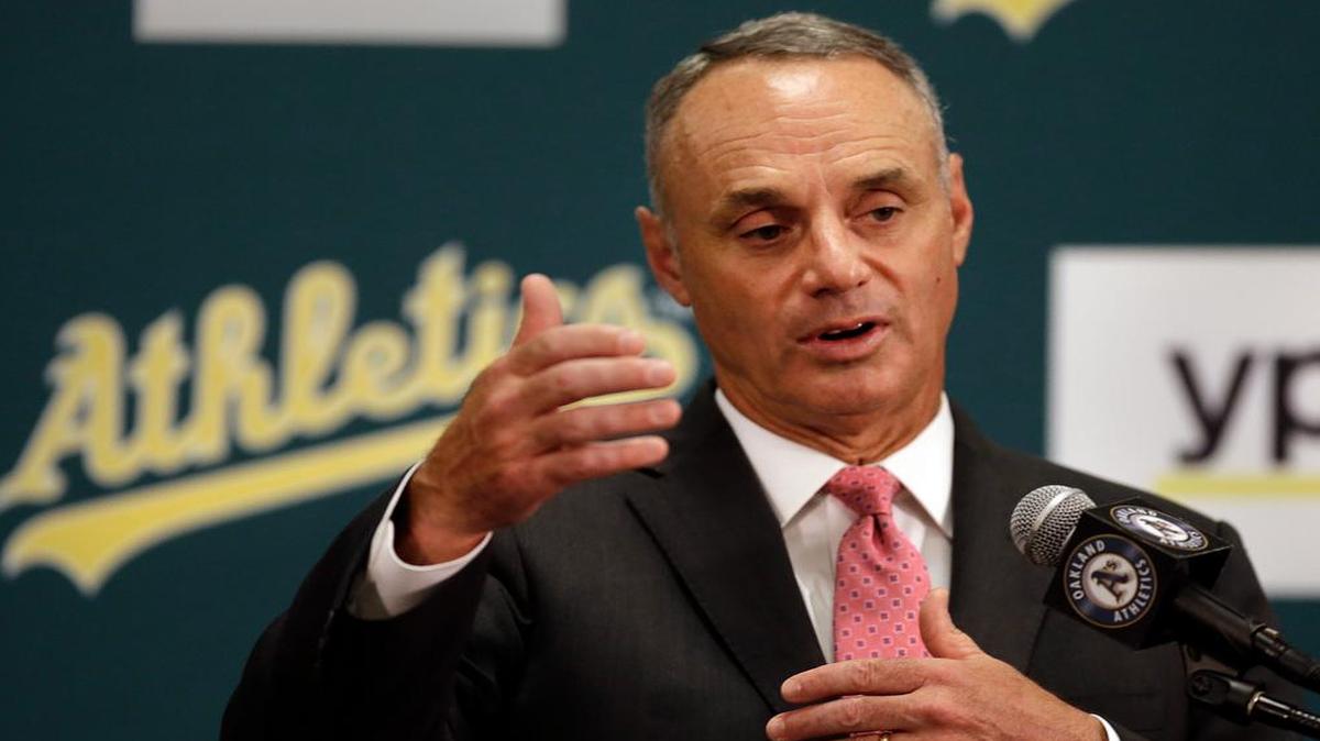 
Baseball commissioner Rob Manfred spoke last month before a game between the Los Angeles Angels and the Oakland Athletics in Oakland, Calif. 
