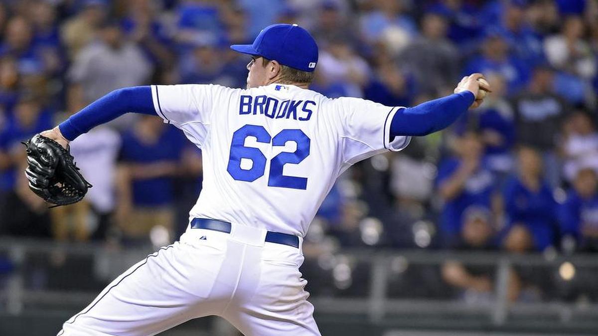 
Kansas City Royals relief pitcher Aaron Brooks closed out the ninth inning for a 12-1 win over the New York Yankees during Friday's baseball game on May 15, 2015 at Kauffman Stadium in Kansas City, Mo.
