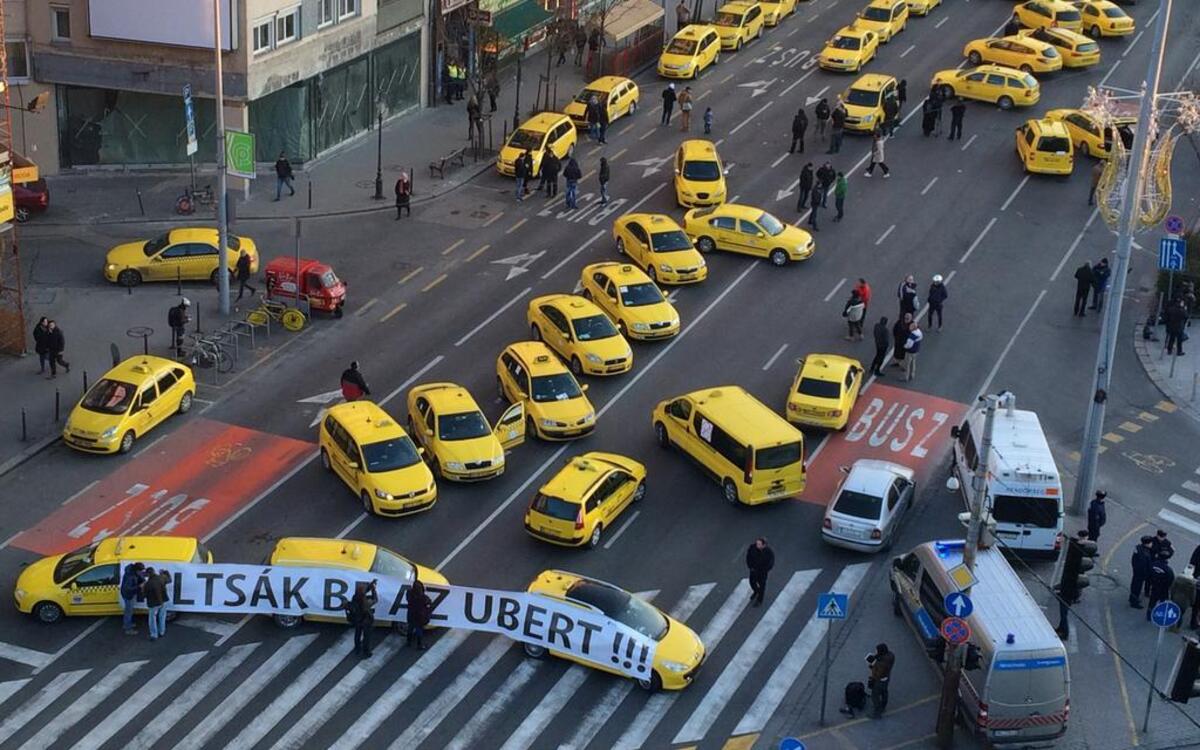 Taxi drivers earlier this year blocked traffic in Budapest, Hungary, as they demanded a ban on Uber.