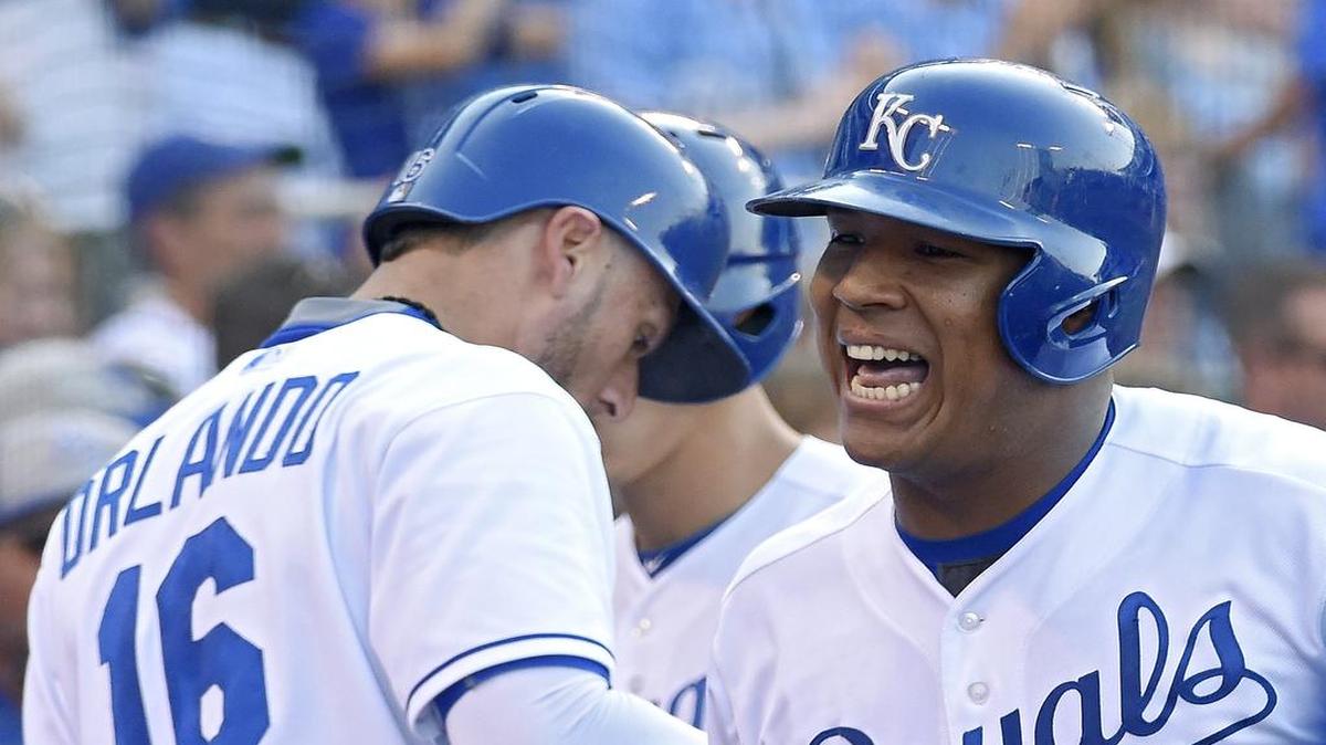 
The Royals' Salvador Perez (right) celebrates his solo home run Paulo Orlando (16) during their Aug. 15 baseball game against the Angels at Kauffman Stadium.
