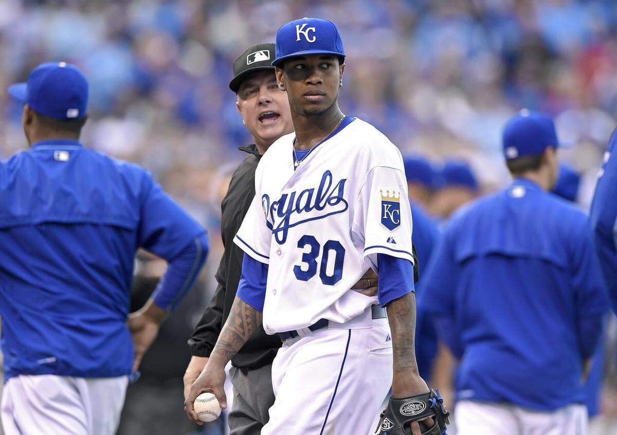 Royals starting pitcher Yordano Ventura was ejected for hitting Oakland’s Brett Lawrie with a pitch in the fourth inning April 18 at Kauffman Stadium.