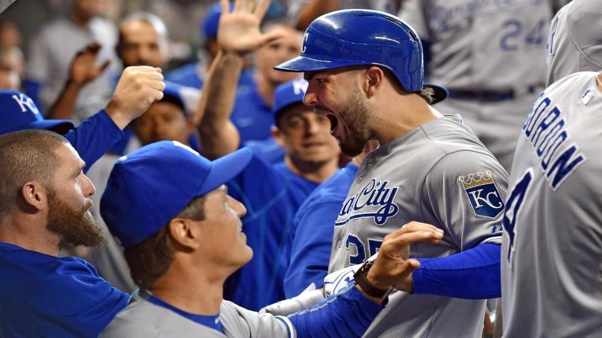 
Kansas City Royals first baseman Eric Hosmer was welcomed into the dugout after hitting a two-run homer in the ninth inning of Monday’s ALDS Game 4.
