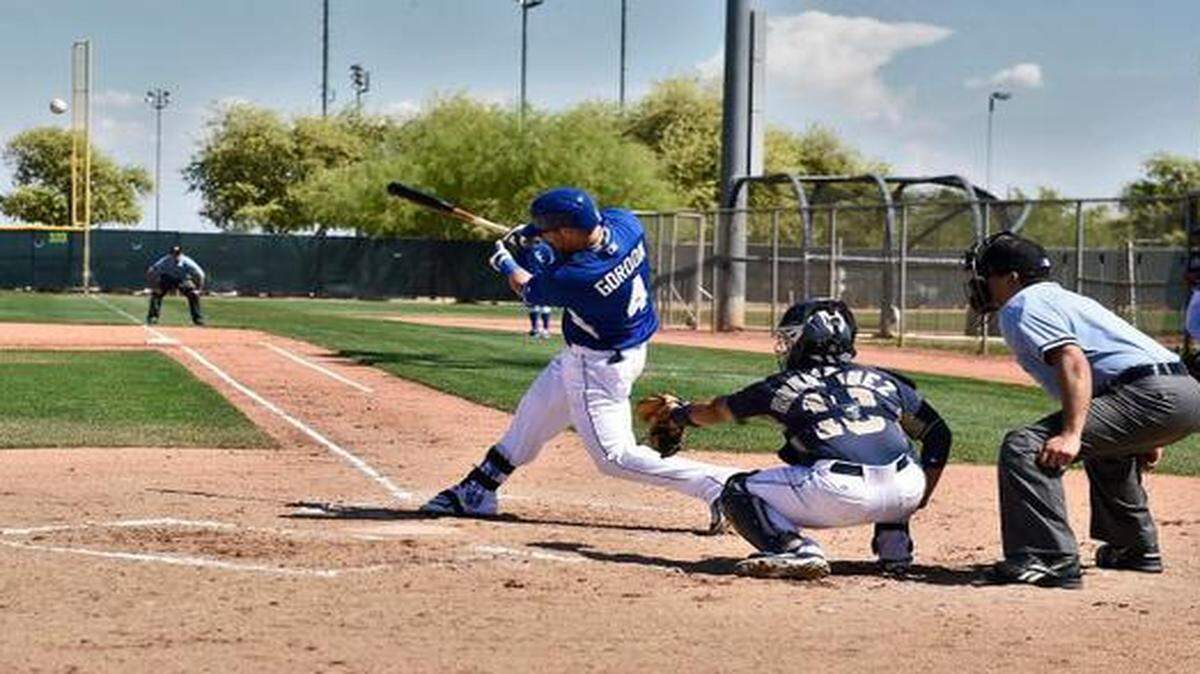 
Royals left fielder Alex Gordon hits the ball Friday during a Class AA baseball game against the Padres in Surprise, Ariz.. Gordon is scheduled to make his Cactus League debut tomorrow.
