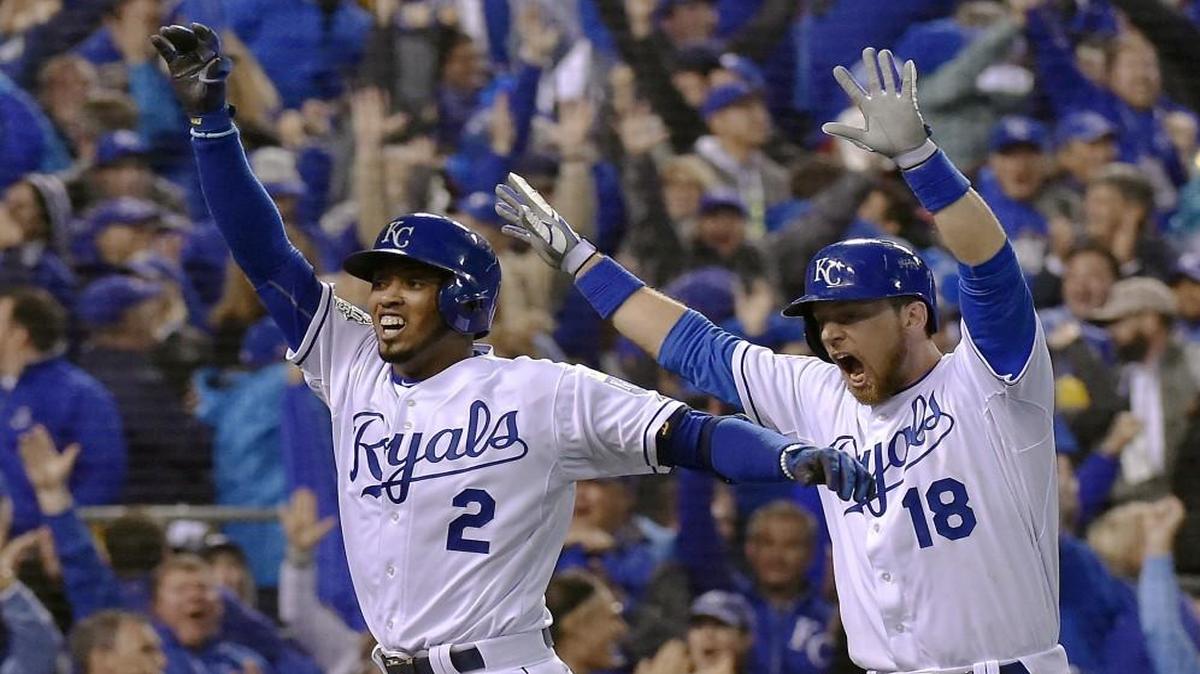 Kansas City Royals shortstop Alcides Escobar and second baseman Ben Zobrist celebrated after Escobar hit an inside-the-park home run on the first pitch of the bottom ot the first inning during Game 1 of the World Series.