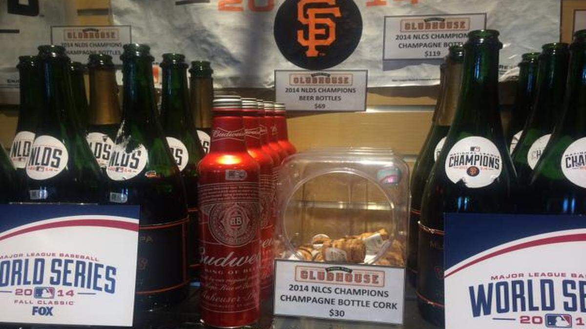 
Just like at Kauffman Stadium, items such as empty champagne bottles and corks from postseason celebrations are on sale at AT&T Park in San Francisco.
