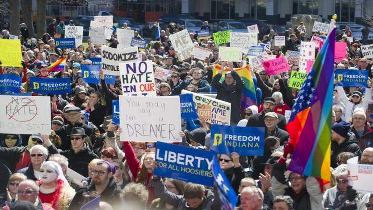 
Thousands of opponents of Indiana’s so-called Religious Freedom Restoration Act rallied against the law last weekend.
