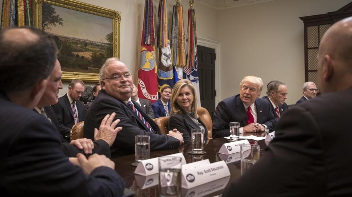 President Donald Trump meets with House Republicans in the Roosevelt Room of the White House on Feb. 16.