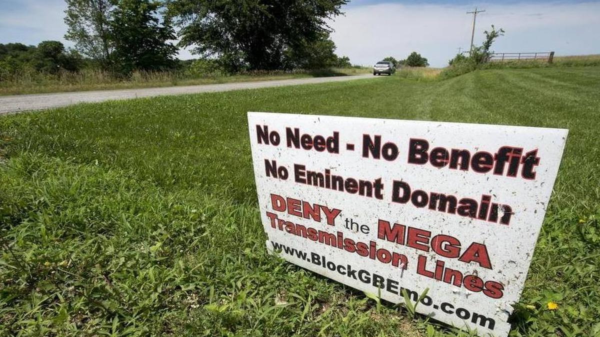 
A sign voiced opposition to construction of a high-voltage transmission line across the property of some Missouri farmers.
