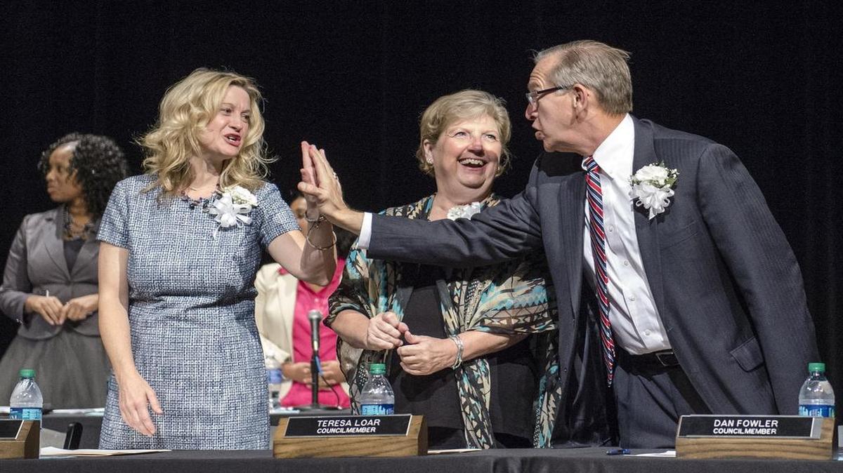 
Three newly elected Kansas City Council members — Heather Hall (left), Teresa Loar and Dan Fowler — were sworn in last Saturday at the Gem Theater.
