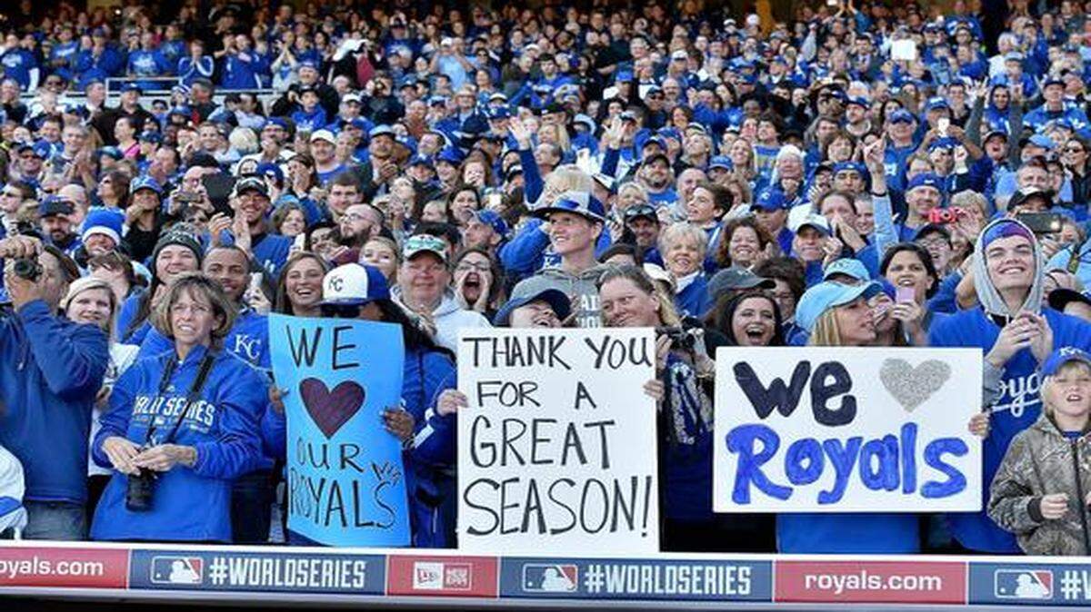 
Fans brought signs of support to a season celebration of the Kansas City Royals on Thursday at Kauffman Stadium.
