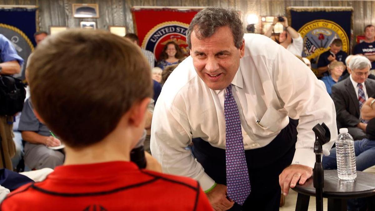 
Republican presidential candidate Chris Christie listened as 6-year-old Kameron Theos asked if he could sit in Christie’s White House chair if he won the presidential election during a town-hall-style meeting last Wednesday in Ashland, N.H.
