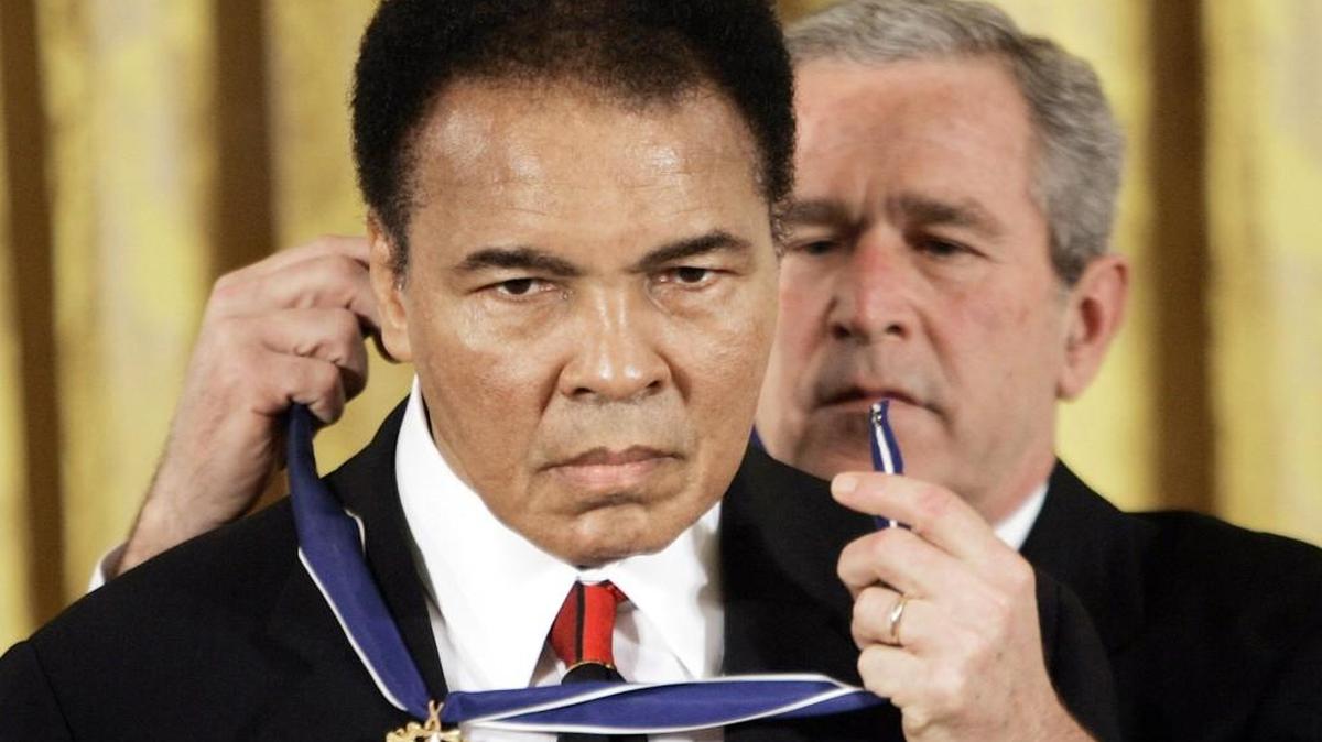 Muhammad Ali received the Presidential Medal of Freedom from President George W. Bush in late 2005 at the White House.