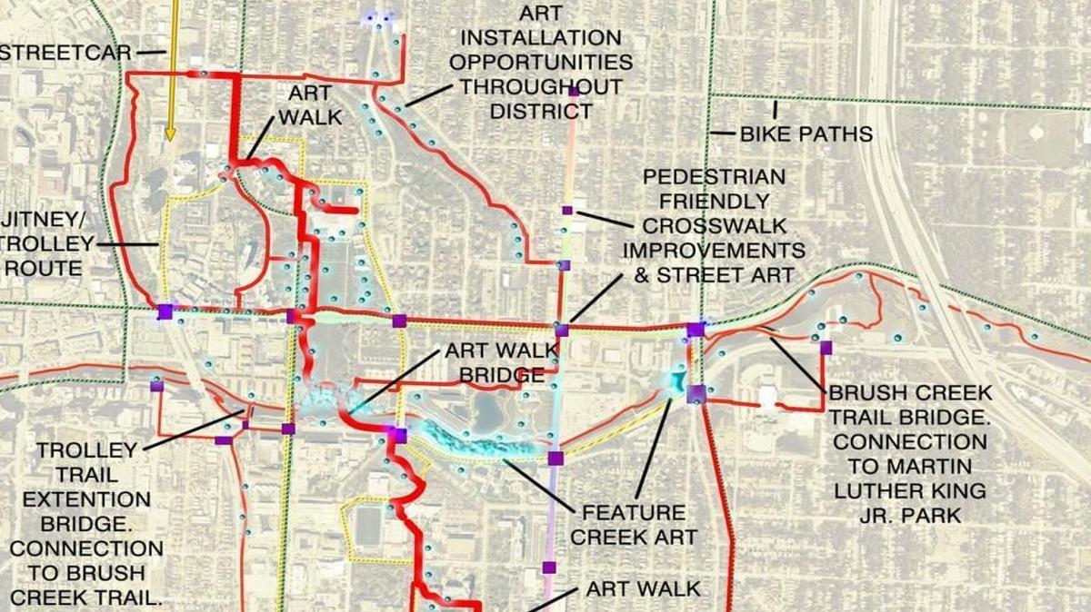 The “Envisioning a Cultural District” report includes maps showing a network of art-walk trails and transportation improvements.