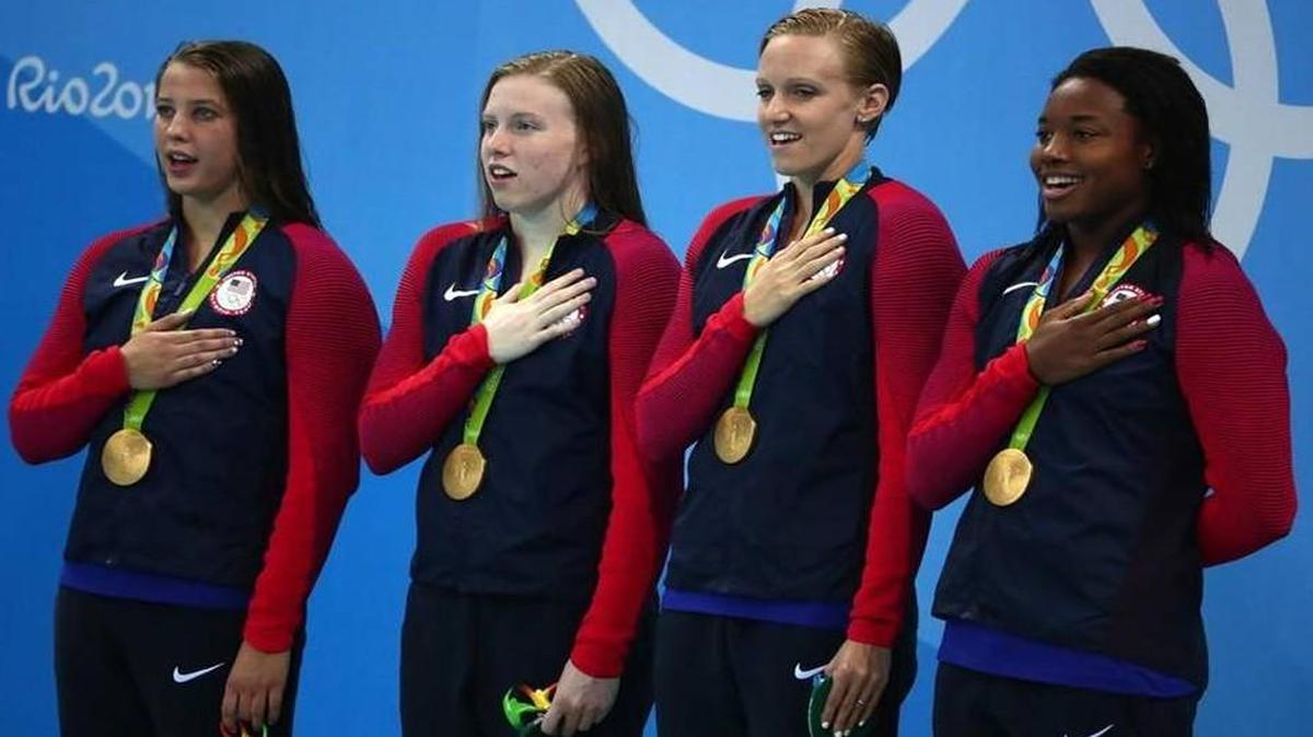U.S. swimmers (left to right) Lillie King, Katie Ledecky, Sarah Vollmer and Simone Manuel won the 400-meter medley relay at the Rio Olympics.