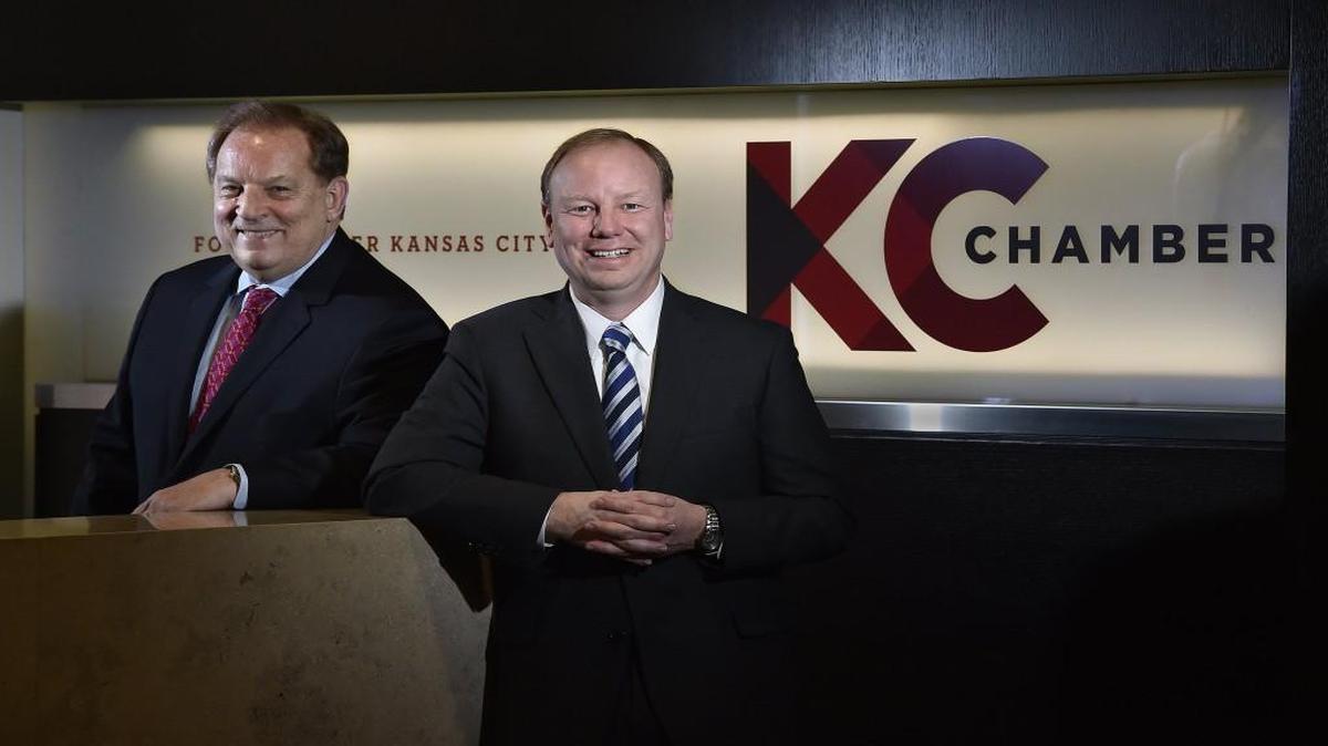 Joe Reardon (right) recently replaced Jim Heeter (left) as president and CEO of the Greater Kansas City Chamber of Commerce. Reardon was among the speakers Tuesday at the launch of an initiative called Resilient KC.
