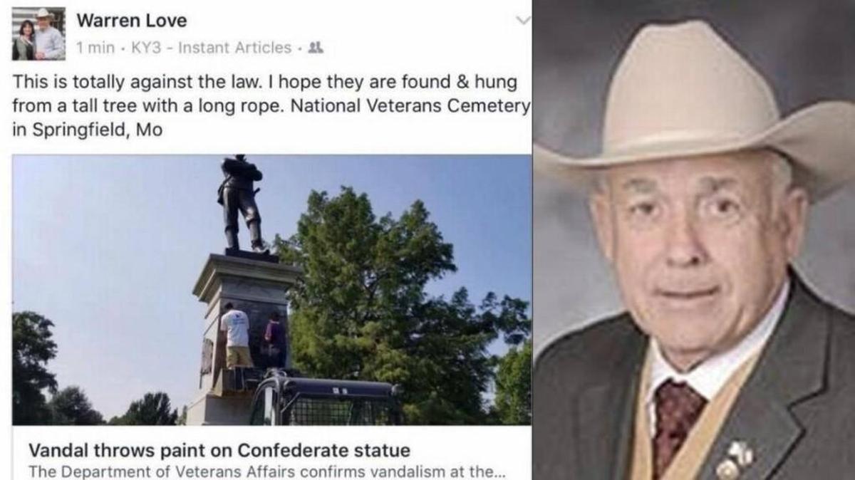 Missouri state Rep. Warren Love said the culprits who vandalized a Confederate memorial should be hanged. Words have consequences, and Love should resign his office.