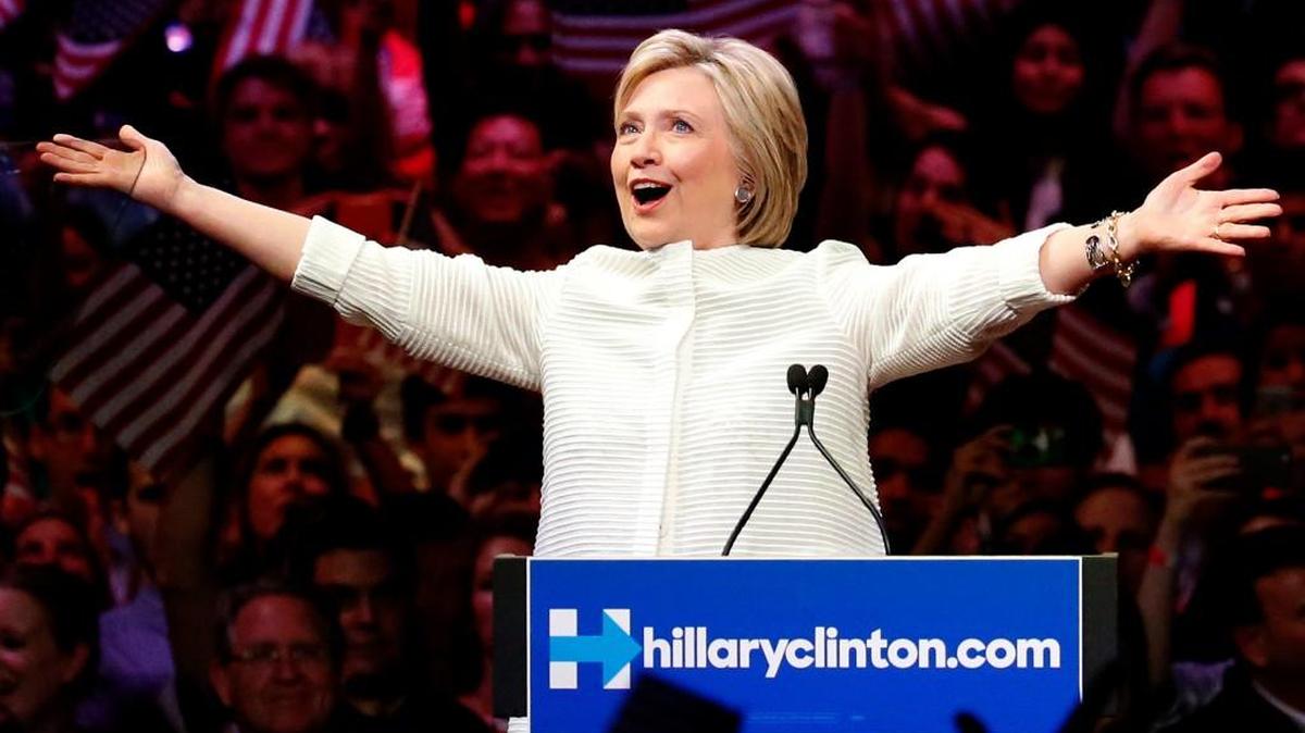 Hillary Clinton greeted supporters at a presidential primary election night rally Tuesday in New York City.