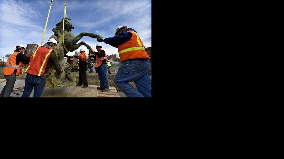 
The J.C. Nichols Memorial Fountain is undergoing major renovation this winter. On Wednesday, crews from Artworks of Kansas City and Belger Cartage Service Inc. removed the large sculptures. 
