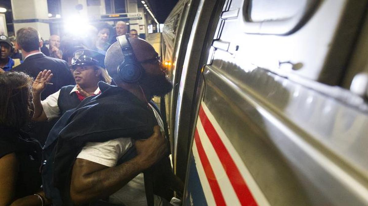
A passenger boarded an Amtrak train in Philadelphia.
