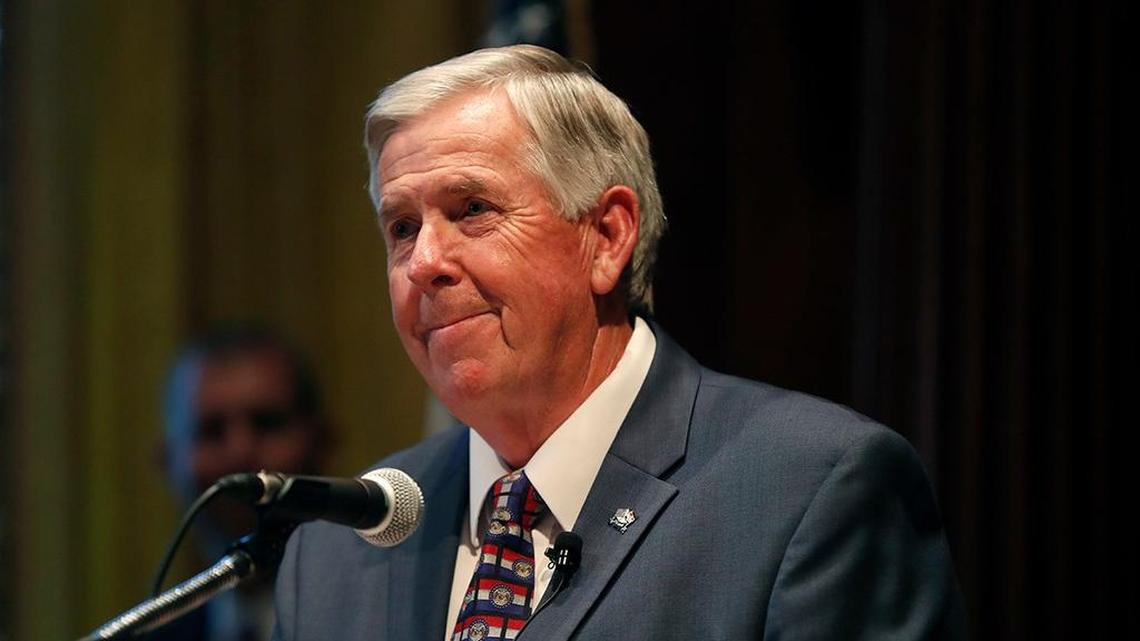 Missouri Gov. Mike Parson speaks after being sworn in as the state's 57th governor following the resignation of Eric Greitens.