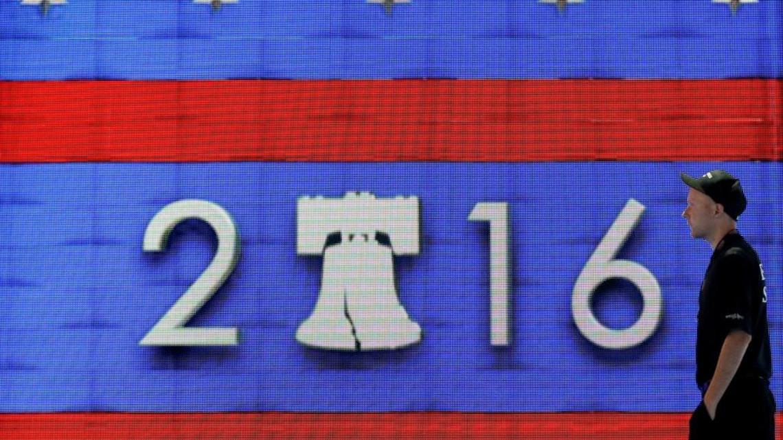 A video display in Philadelphia highlights the fact that the Democratic National Convention will be held in that city, starting Monday.