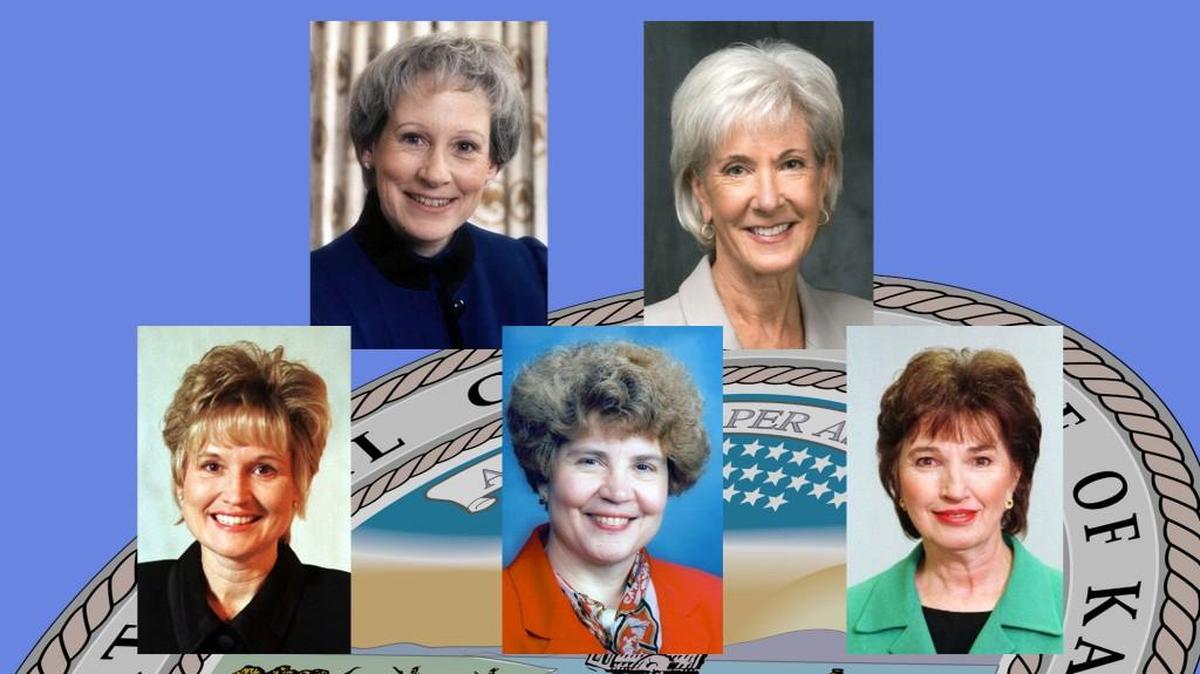 In 1996, five women held statewide office in Kansas. Left to right: Carla Stovall, Nancy Kassebaum, Shelia Frahm, Kathleen Sebelius and Sally Thompson