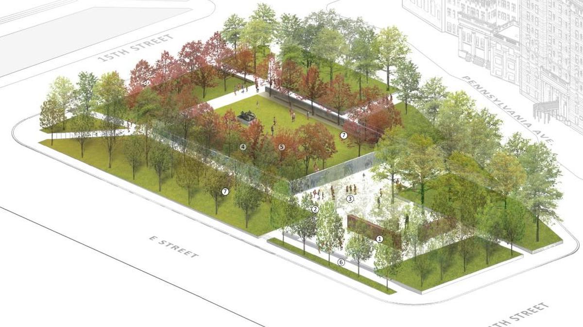 An overview of “The Weight of Sacrifice,” a planned World War I memorial that would transform an existing park.