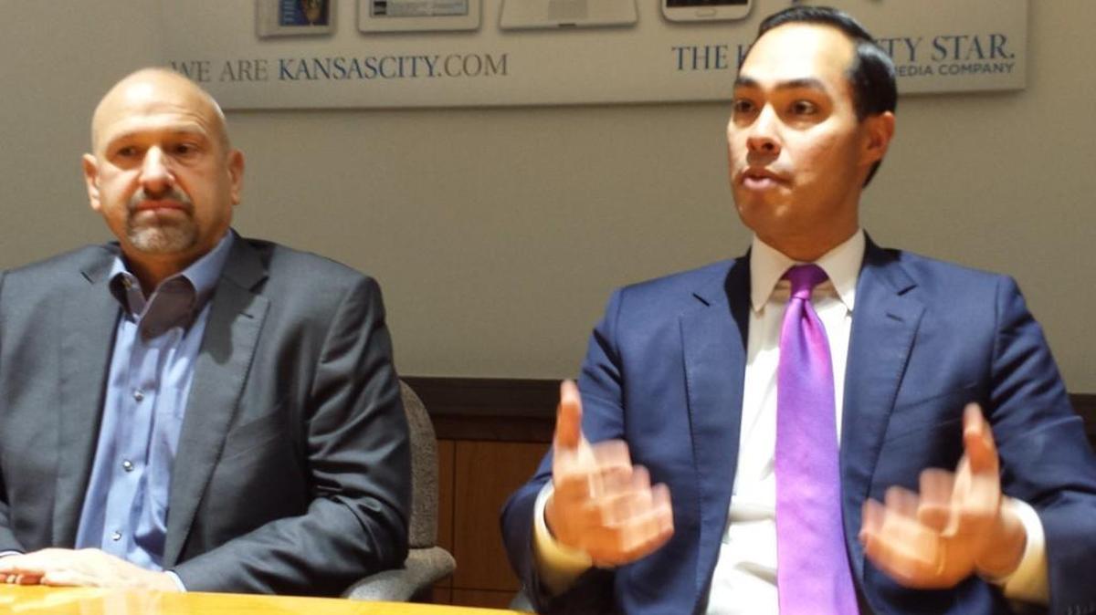 Julian Castro (right), secretary of the U.S. Department of Housing and Urban Development, on Wednesday explained to The Star editorial board the ConnectHome program, which provides high-speed Internet service to Kansas City families in public housing. Dennis Kish (left), vice president of Google Fiber, said his company is making the connection in the West Bluff complex and the four other Housing Authority of Kansas City projects.