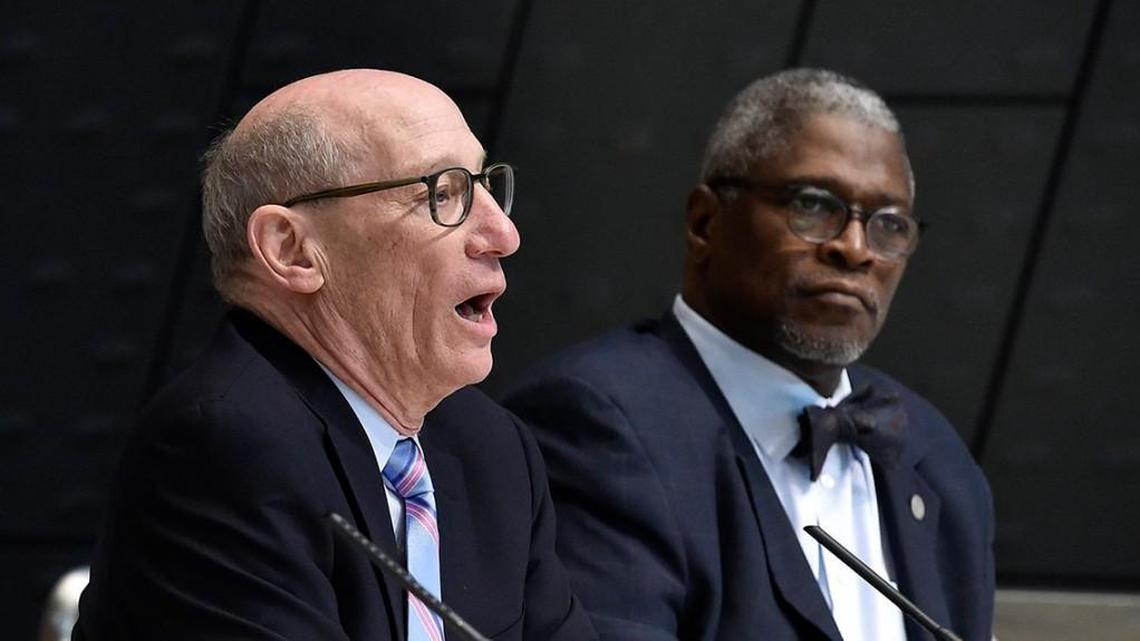 Kansas City police board President Leland Shurin and Mayor Sly James.