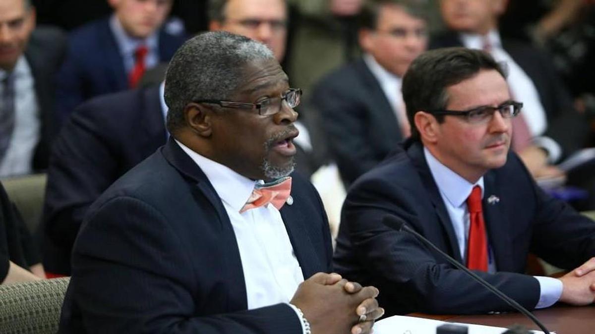 Mayor Sly James (left) last month in Jefferson City opposed a bill that seeks to repeal the city’s earnings tax, a measure sponsored by Sen. Kurt Schaefer.