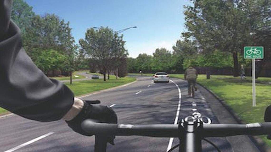 
A photo illustration of what a stretch of Switzer Road near 130th Street could look like with a bike lane in the future.

