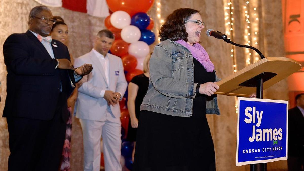 
Jolie Justus spoke Tuesday night after winning a seat on the City Council, which again will be led by Mayor Sly James (far left).
