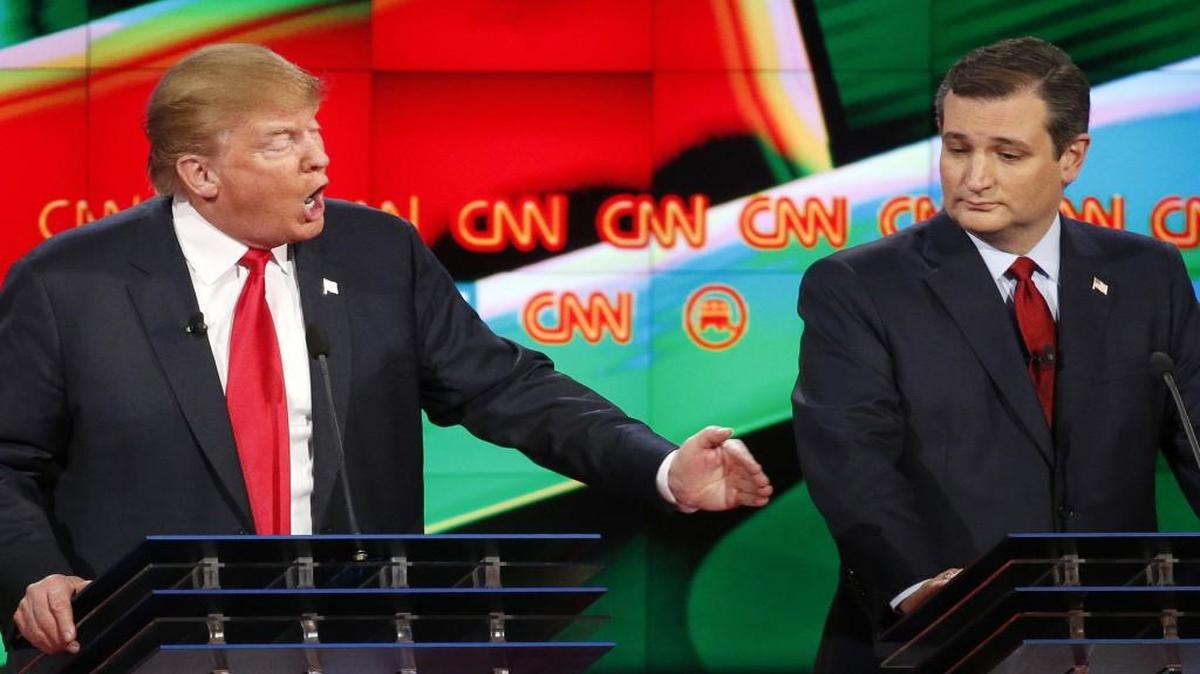 Donald Trump (left) sparred with Ted Cruz at a Republican presidential debate Tuesday at the Venetian Hotel & Casino in Las Vegas.