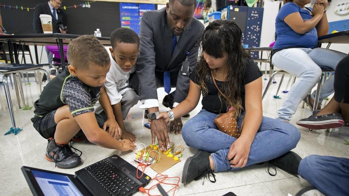 Kansas City Public Schools Superintendent Mark Bedell met with students earlier this summer at Trailwoods Elementary School.