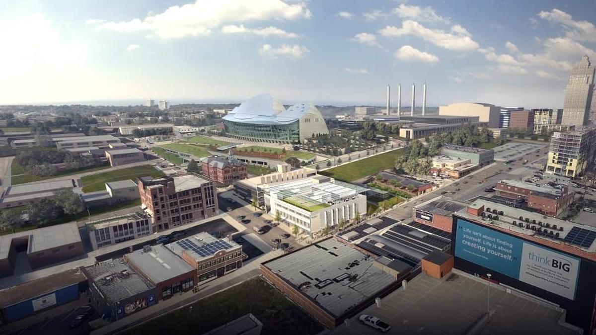 In this rendering, a renovated BNIM headquarters (center) stands out in the Crossroads Arts District.