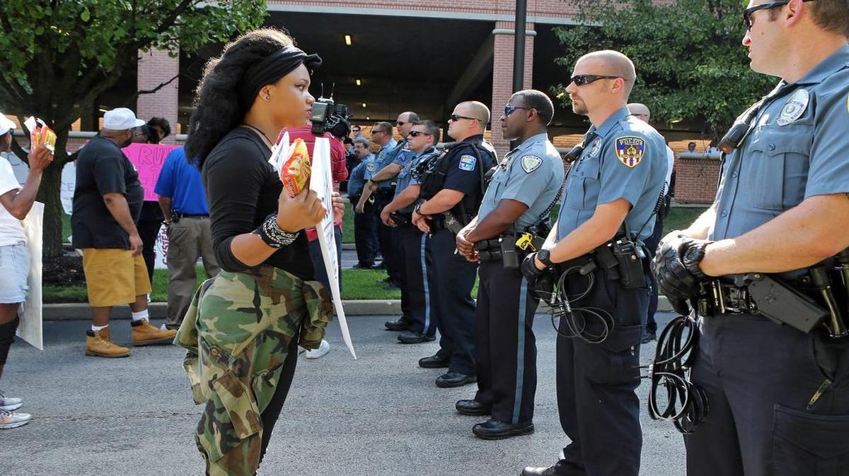 
Protesters faced off with police during a confrontation in Clayton, Mo., earlier this month. 
