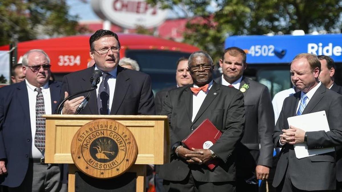 Jackson County Executive Mike Sanders, seen here announcing plans to convert the Rock Island railway corridor to a 17-mile recreational trail, will return to private life Dec. 31.