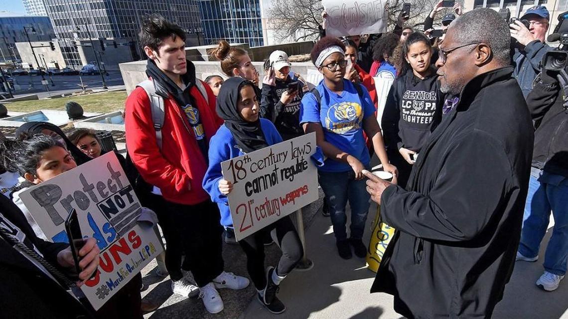 Students gathered on the steps of City Hall in Kansas City and listen to mayor Sly James during Lincoln College Preparatory Academy walkout and march to City Hall on March 14.