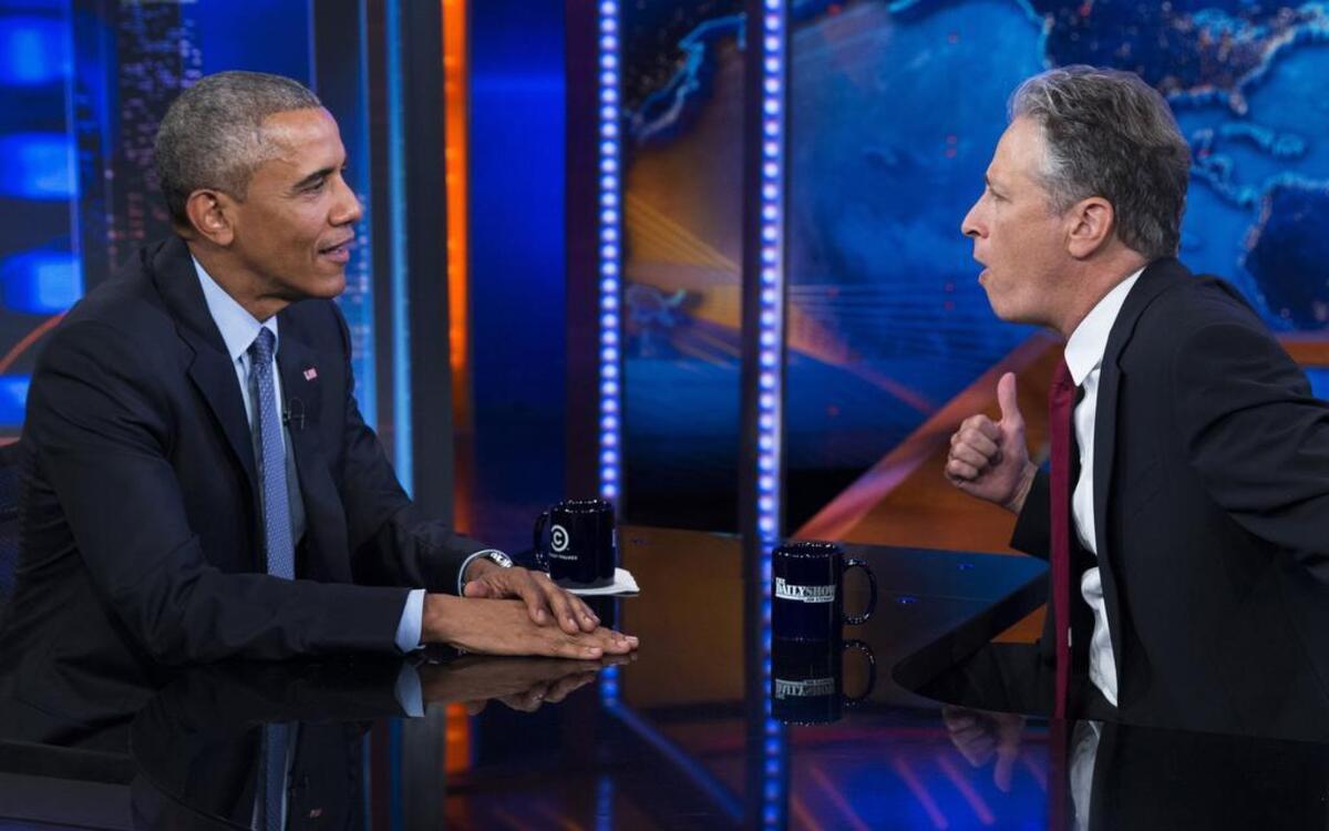 
President Barack Obama (left) talked with Jon Stewart, host of “The Daily Show,” during a taping on July 21 in New York.
