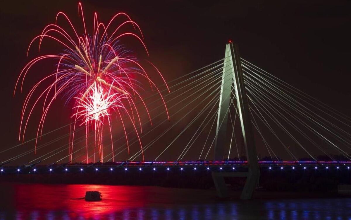 Fireworks exploded over the Christopher S. Bond Bridge as part of the KC Riverfest celebration at Richard L. Berkley Riverfront Park.