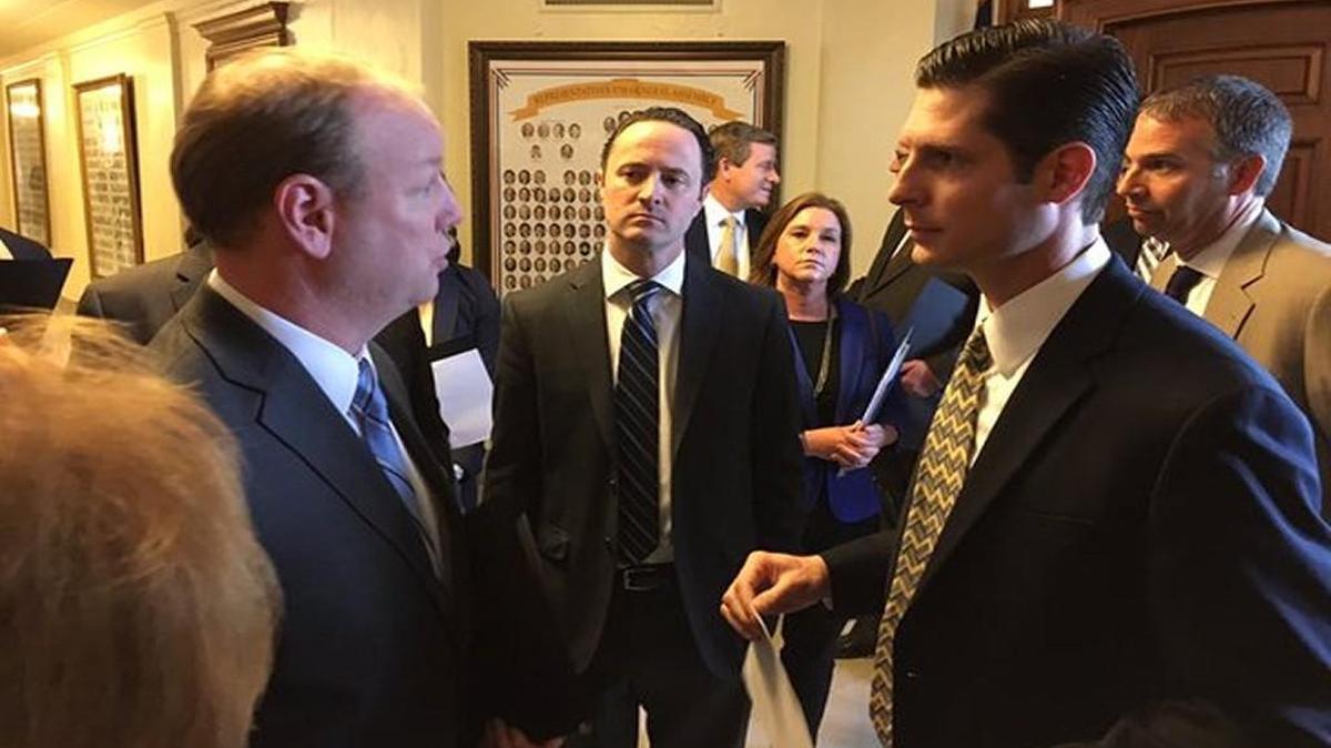 Joe Reardon (left), president and CEO of the Greater Kansas City Chamber of Commerce, discussed SJR39 on Wednesday in Jefferson City with Rep. Jack Bondon (right), a Belton Republican.