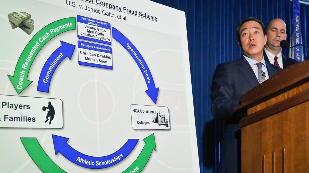 Acting U.S. Attorney for the Southern District of New York Joon H. Kim announces the arrest of four assistant basketball coaches from Arizona, Auburn, the University of Southern California and Oklahoma State on federal corruption charges.
