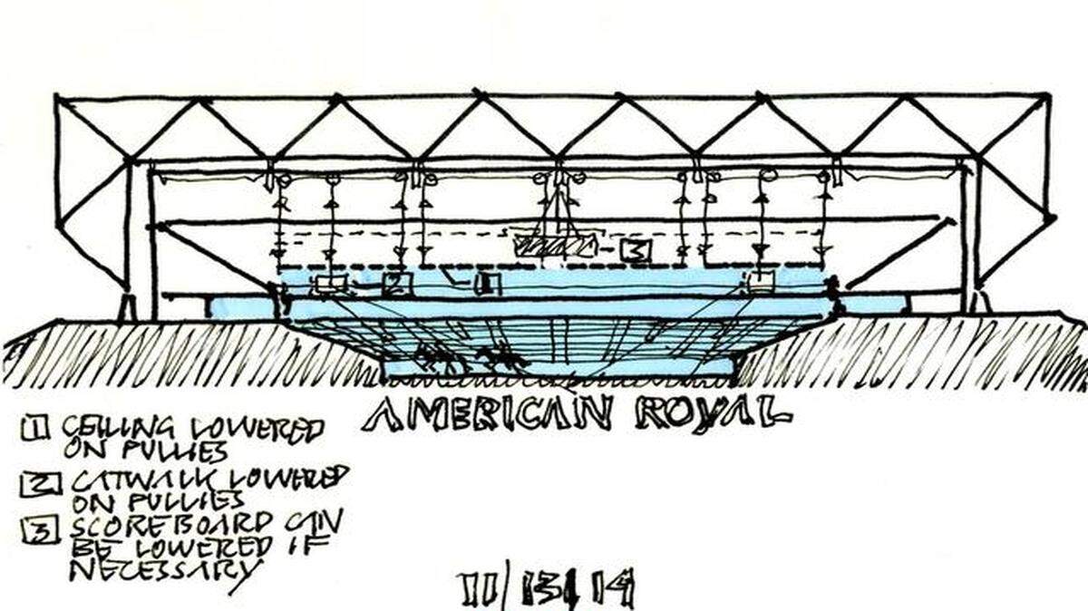 
A concept for Kemper Arena envisions a fabric ceiling that could be lowered to create a smaller, more intimate seating bowl.
