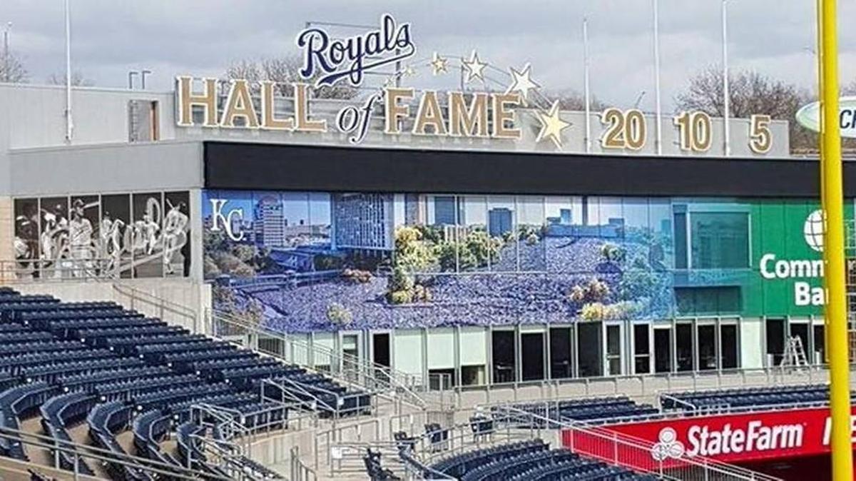 Kauffman Stadium features an enlarged photo from the 2015 World Series victory parade in downtown Kansas City.