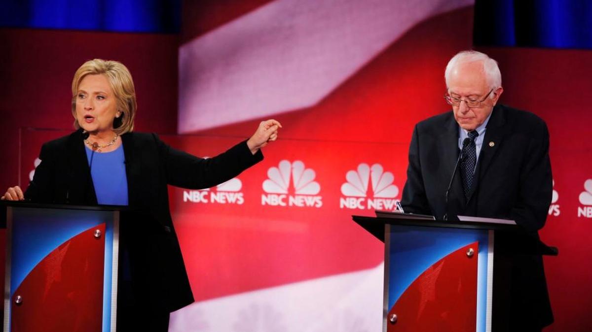 Democratic presidential candidate Hillary Clinton sparred with Bernie Sanders during a substantial Democratic presidential debate Sunday night.