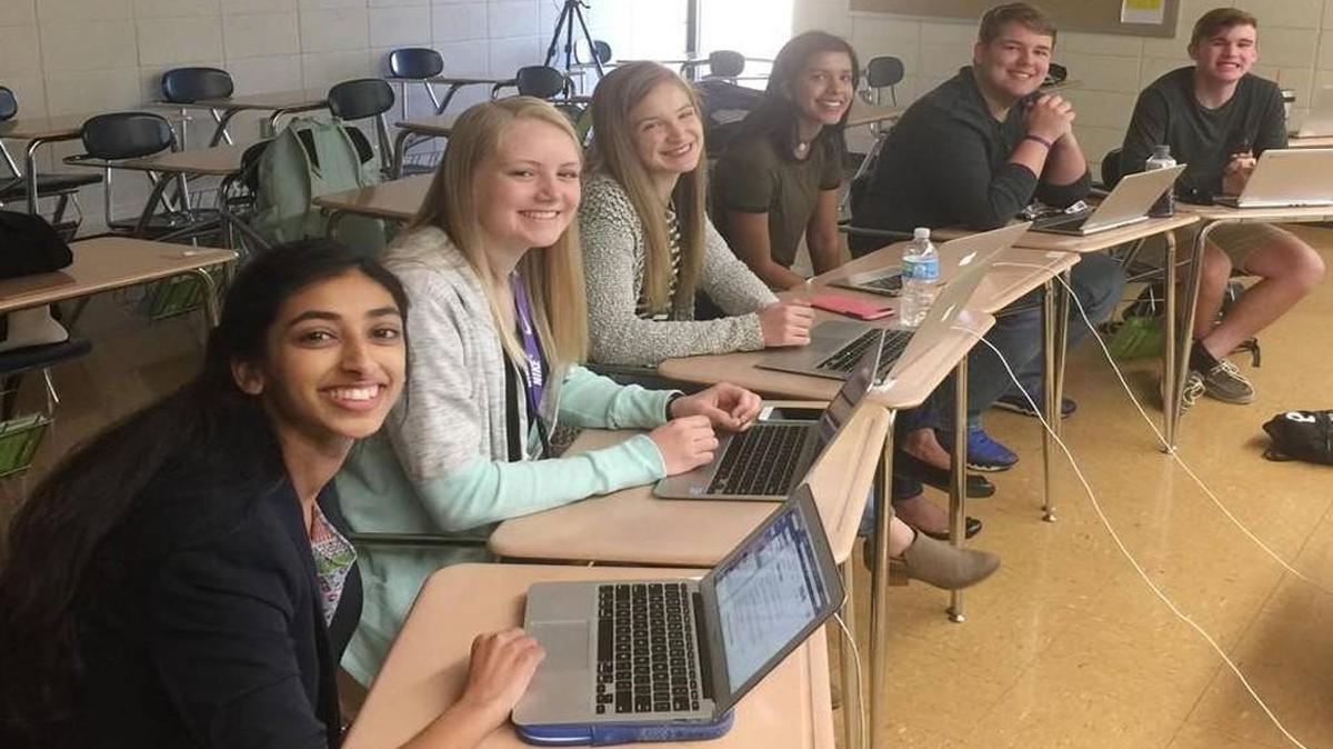 Pittsburg High School students Gina Mathew, Kali Poenitske, Maddie Baden, Trina Paul, Connor Balthazor and Patrick Sullivan prepared to Skype with newly hired principal Amy Robertson.