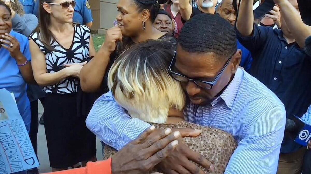 Lamonte McIntyre hugged his mother, Rosie McIntyre on Friday, Oct. 13, 2017, after walking out of the Wyandotte County Courthouse. He was wrongly imprisoned 23 years for a double homicide he did not commit.