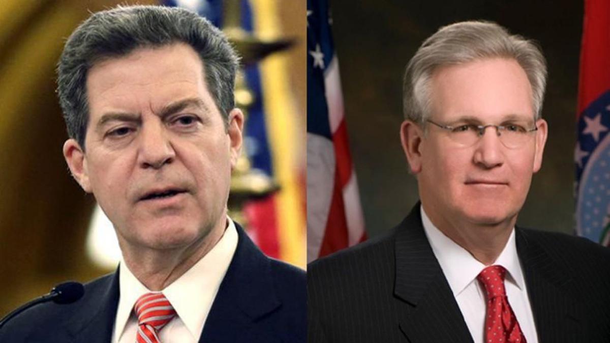 Gov. Sam Brownback of Kansas (left) and Gov. Jay Nixon of Missouri don’t have a lot to smile about when it comes to their states’ economies.