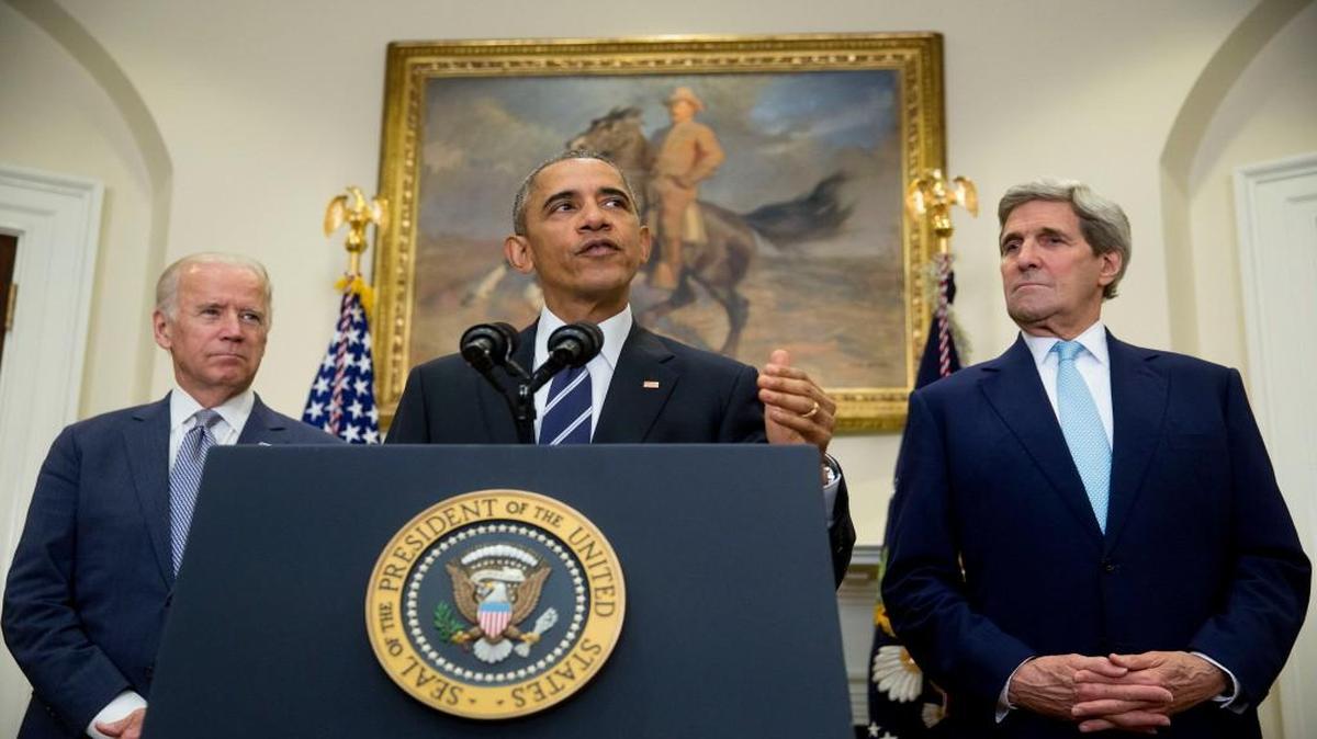 President Barack Obama on Friday announced his rejection of the Keystone XL pipeline, flanked by Vice President Joe Biden (left) and Secretary of State John Kerry.